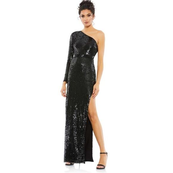 Mac Duggal Black Sequined One Sleeve Column Gown Style 10788 Size 6 NWT - Picture 1 of 7